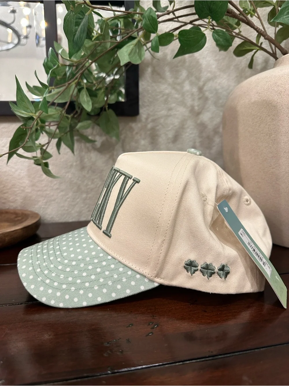 “Lucky” Polka Dot Cap in Sage Green & Cream